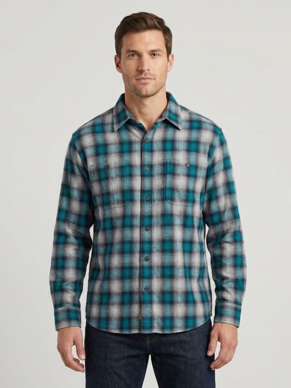 St. John's Bay Teal and Gray Plaid Shirt size large